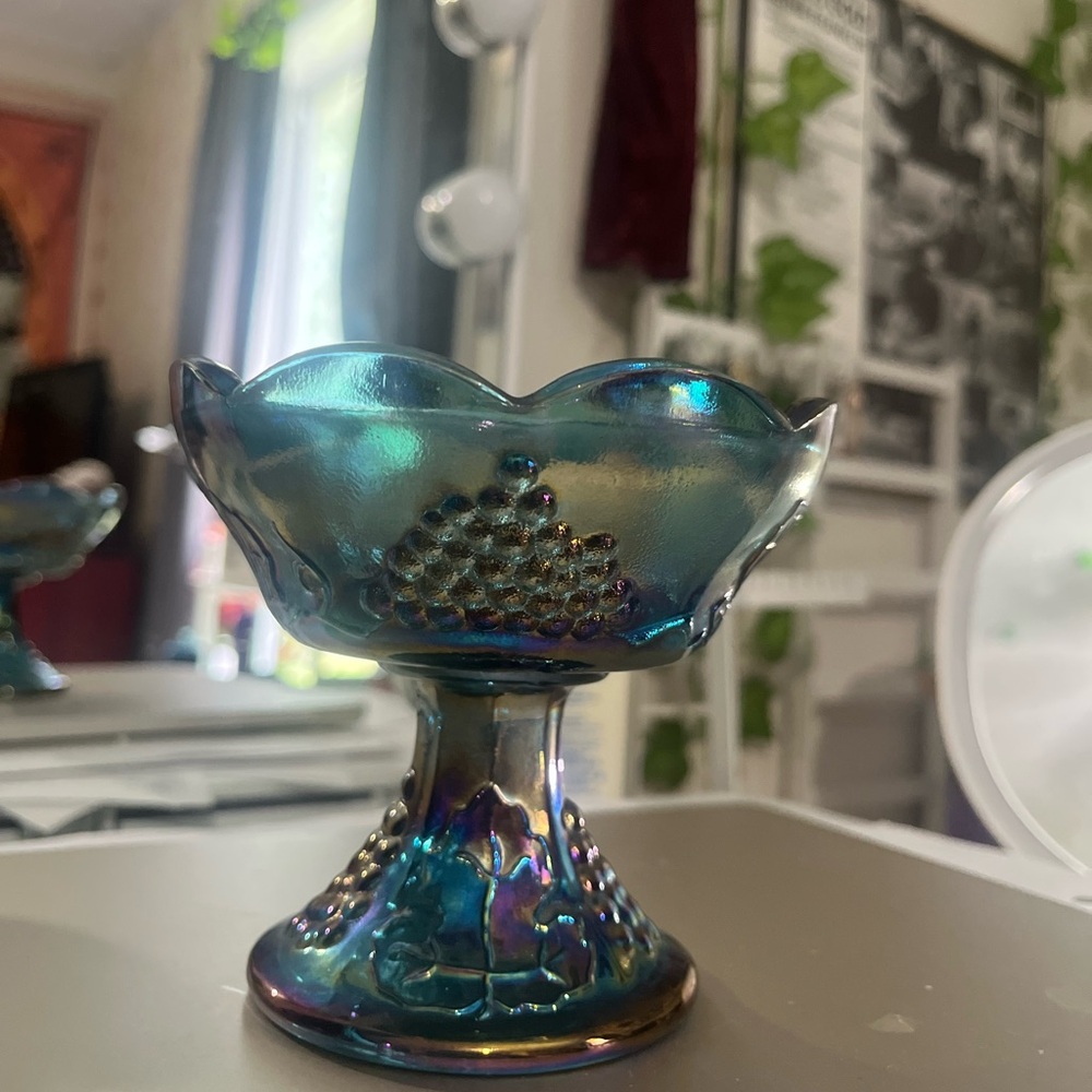 Iridescent Blue Glass Compote